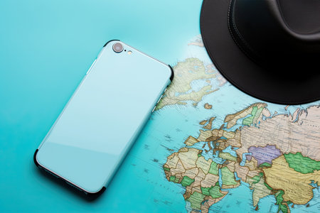 Travel Top view with map and mobile phone hat flat lay for tourism background in blue and teal tone, Generative AIの素材