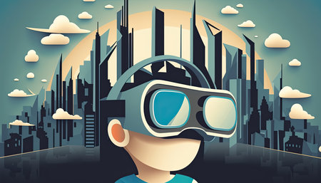 Kid wearing VR headset walking in a virtual gaming world for Futuristic Metaverse concept, Generative AIの素材