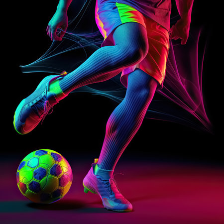 Soccer player feet dribbling the ball closed up, neon light, futuristic, Generative AIの素材