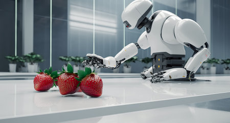 Smart AI robot is picking up strawberry in a tomatoes agriculture farm, generative AIの素材