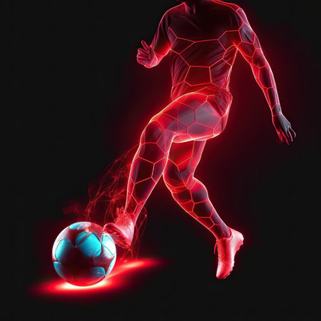 Soccer player feet dribbling the ball closed up, red neon light, futuristic, Generative AIの素材