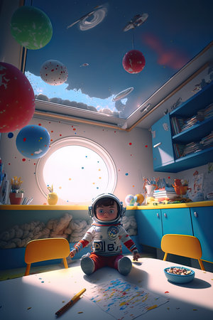 Astronaut Baby us sitting in room full of Space drawing and Art, Genertative AIの素材