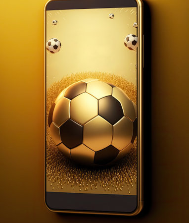 Smartphone with Golden football for Sport online Betting application and live sport streaming concept , Generative AIの素材