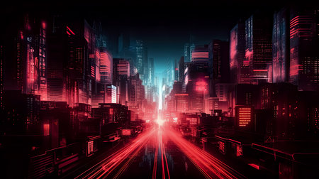 Futuristic city with red and teal neon light for background and banner, Generative AIの素材