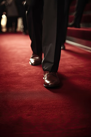 A luxury man feet is walking on Red Carpet in a luxury event for confidence businessman concept, Generative AIの素材