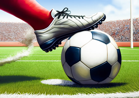 athlete foot kicking soccer ball on a pitch, for Sport concept. Generative AIの素材