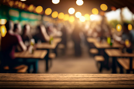 Empty wooden table with crowded restaurant and pub background, generative AIの素材