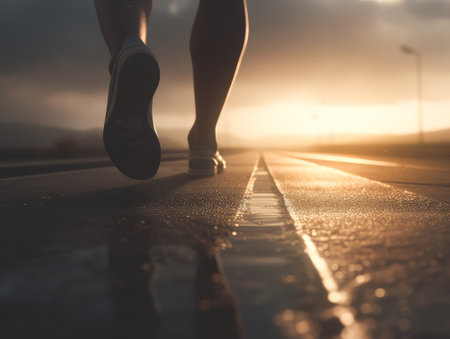 Foot walking in sneaker on a road with sun rise in background, Generative AIの素材