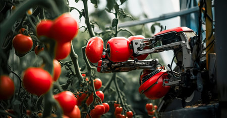 Smart AI robot is picking up tomatoes in a tomatoes agriculture farm, generative AIの素材