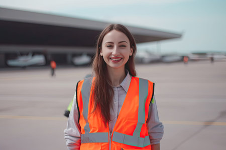 Female industry worker engineers portrait with Airport background, Generative AIの素材