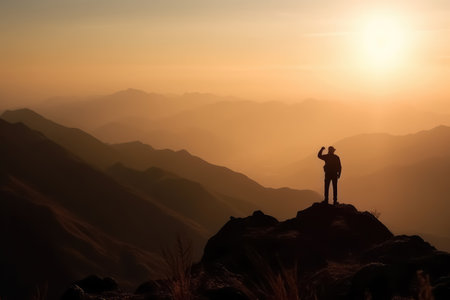 Silhouette Man standing and celebrating success and achievement on the top of mountain with sun rise, for Victory concept, Generative AIの素材