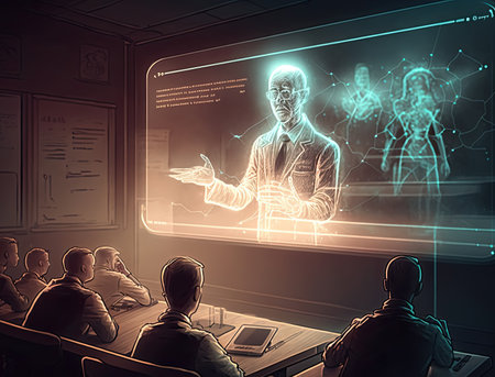 Hologram Teacher is teaching in a futuristic classroom with online digital communication, Generative AIの素材