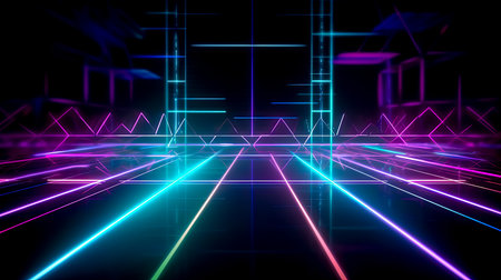 illuminated blue and purple Neon Futuristic Room Background, for technology advertisement banner, Generative AIの素材