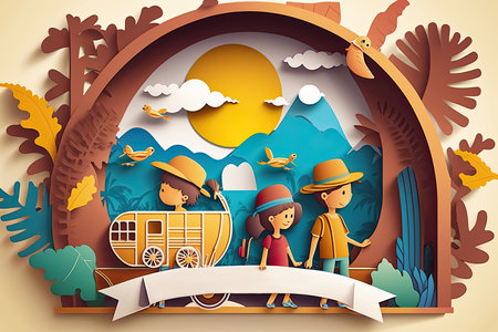 Children Camping in Nature Paper cut banner poster for Kids Fun Activity, Ai Generativeの素材