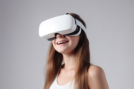 Young woman with smile is wearing a VR headset for virutal entertainment, Generative AIの素材