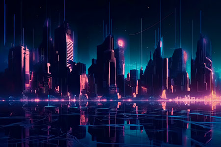 Futuristic Space City with cyberpunk neon light, for Banner and Background, Generative AIの素材