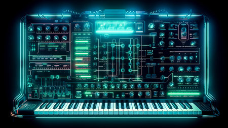 DJ Audio Equipement in neon futuristic light details for Electronic Music banner poster, Generative AIの素材