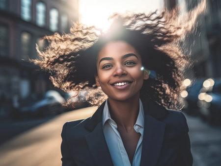 Black Businesswoman is running in a city for Happy work life balance cocnept, Generative AIの素材