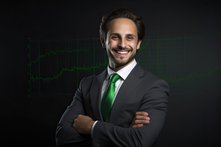 Business man Trading Advisor smile for Good Profit on green stock graph, Generative AIの素材