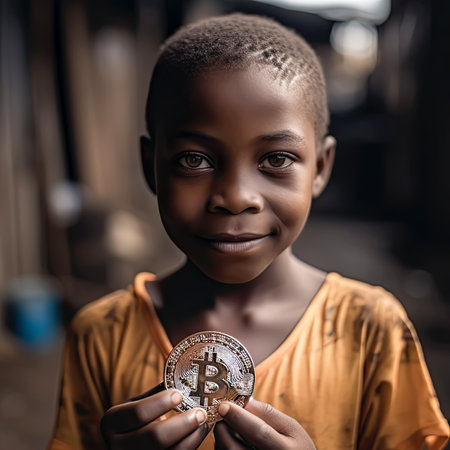 Poverty African Boy is holding a Golden Bitcoin and smile in his hand for cryptocurrency concept, Generative AIの素材