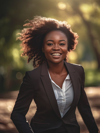 Black Businesswoman is running in a park for Happy work life balance cocnept, Generative AIの素材