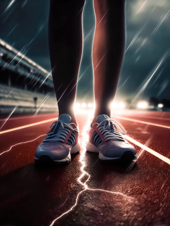 Runner foot on running track with Spark electric lightning  on the ground, Generative AIの素材