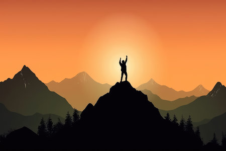 Winning Man standing on the top of a mountain for success and freedom concept, silhouette sunlight, Generative AIの素材