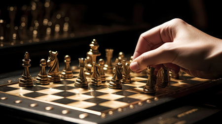 Hand moving strategic chess on golden chess board for business concept, Generative AIの素材