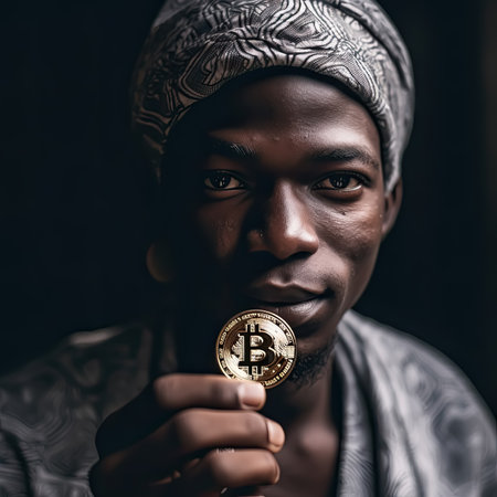 African person in poverty is holding a Bitcoin for decentralize financial concept, Generative AIの素材