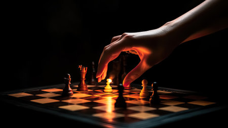 Hand moving strategic chess on orange chess board for business concept, Generative AIの素材