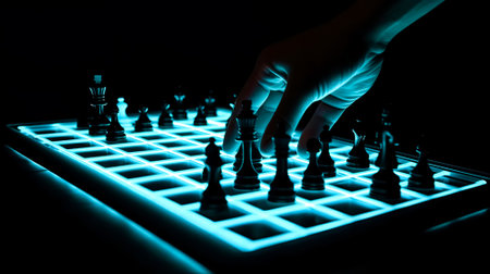 Hand moving strategic chess on Neon chess board for business concept, Generative AIの素材