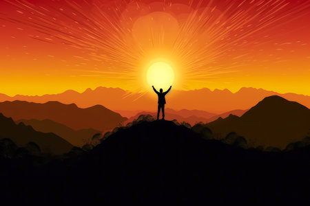 Winning Man standing on the top of a mountain for success and freedom concept, silhouette sunlight, Generative AIの素材