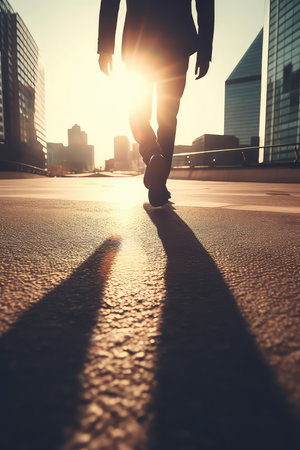 Businessman walking in City street with sunlight flare for sucessful confidence concept, Generative AIの素材