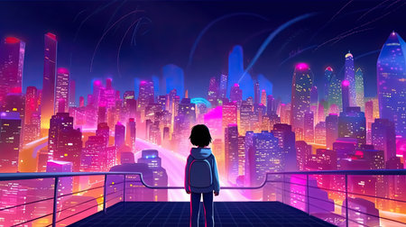 Kid is looking at futuristic city with meteor falling in the background, for technology and education concept, Generative AIの素材