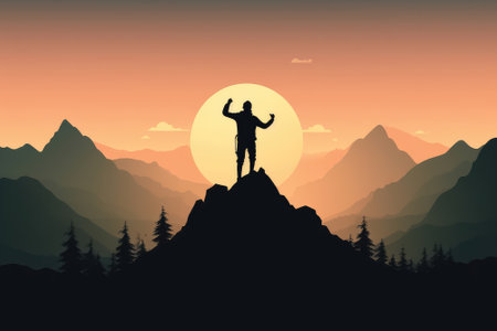 Silhouette Man standing and celebrating success and achievement on the top of mountain with sun rise, for Victory concept, Generative AIの素材