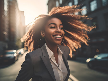 Black Businesswoman is running in a city for Happy work life balance cocnept, Generative AIの素材