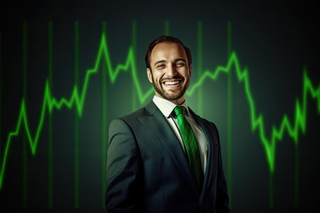 Business man Trading Advisor smile for Good Profit on green stock graph, Generative AIの素材