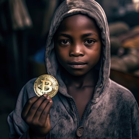 Poverty African Boy is holding a Golden Bitcoin and smile in his hand for cryptocurrency concept, Generative AIの素材