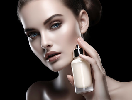 Woman beauty shot holding a cosmetic cream product for Advertising banner and poster.の素材