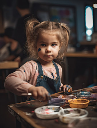 Little girl is working with mud and clay in an art pottery ceramic class, for creative education and happiness cocnept, Generative Aiの素材