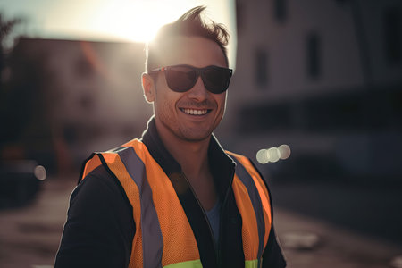 Smile Engineer person portrait in a construction site with sunflare in the background.の素材