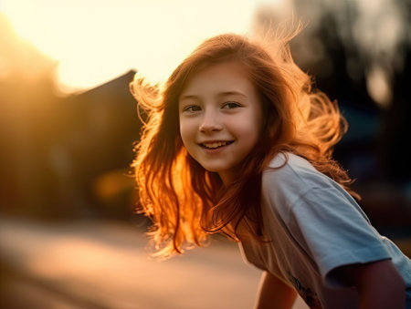 Skater girl is skating on the summer street with sun light, Generative Aiの素材