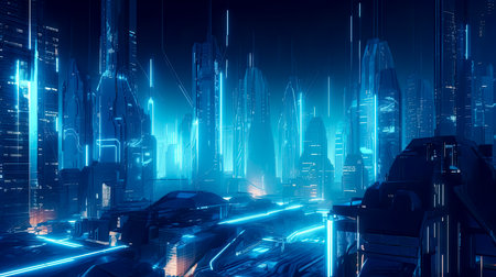 Futuristic city with neon light for Cyberpunk and Telecommunication concept for background and banner.の素材