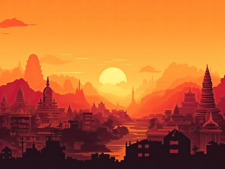 Bangkok city skyline building with sunset for cartoon and game background and backdropの素材