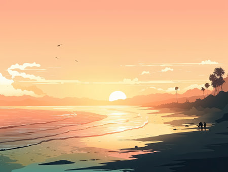 Summer beach illustration for background with sunset, Generative AIの素材
