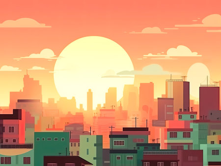 densed city skyline building with sunset for cartoon and game background and backdropの素材