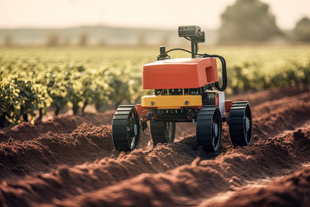 Ai Robot is harvesting fruit and vegetable in agriculture field, for Farming technology concept.の素材
