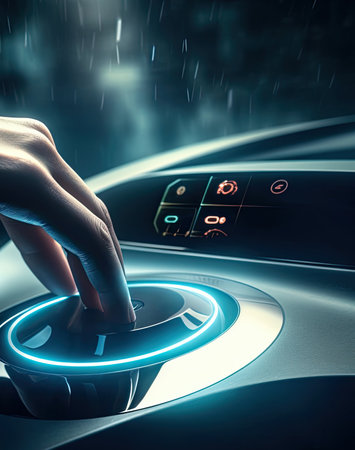 Hand Pushing on a smart start button on car control engine ignition for electric car automobile, Generative Aiの素材