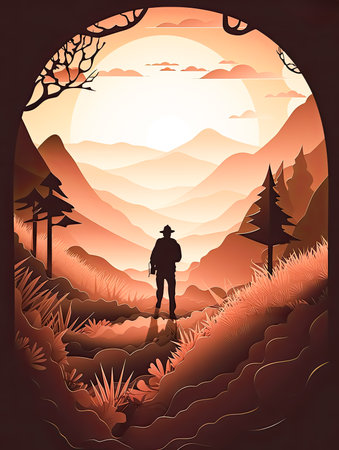 traveler travel in Sunset Mountain Paper cut style for travel concept, Banner and Poster, Generative Aiの素材