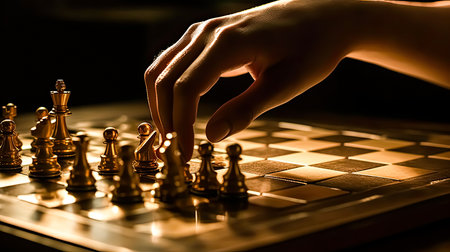 Hand moving strategic chess on golden chess board for business concept, Generative AIの素材